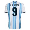 Camisola Argentina J. Alvarez 9 Criança 1º Equipamento Mundial 2026 Manga Curta